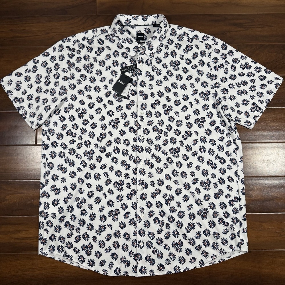 Hugo Boss Size 4XL Roan Kent Button Up Short Sleeve Performance Shirt Slim Fit